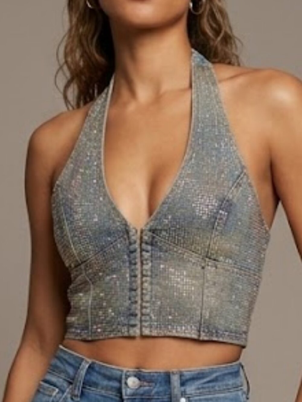 Windsor Rhinestone Denim Halter Crop Top Sparkle Shimmer Y2K Festival L